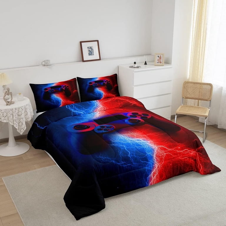 Gamer King Comforter Set – 3D Indigo Blue Gaming Bedding For Boys, Teens, Men, 3-Piece Quilt Set With Hexagon Design