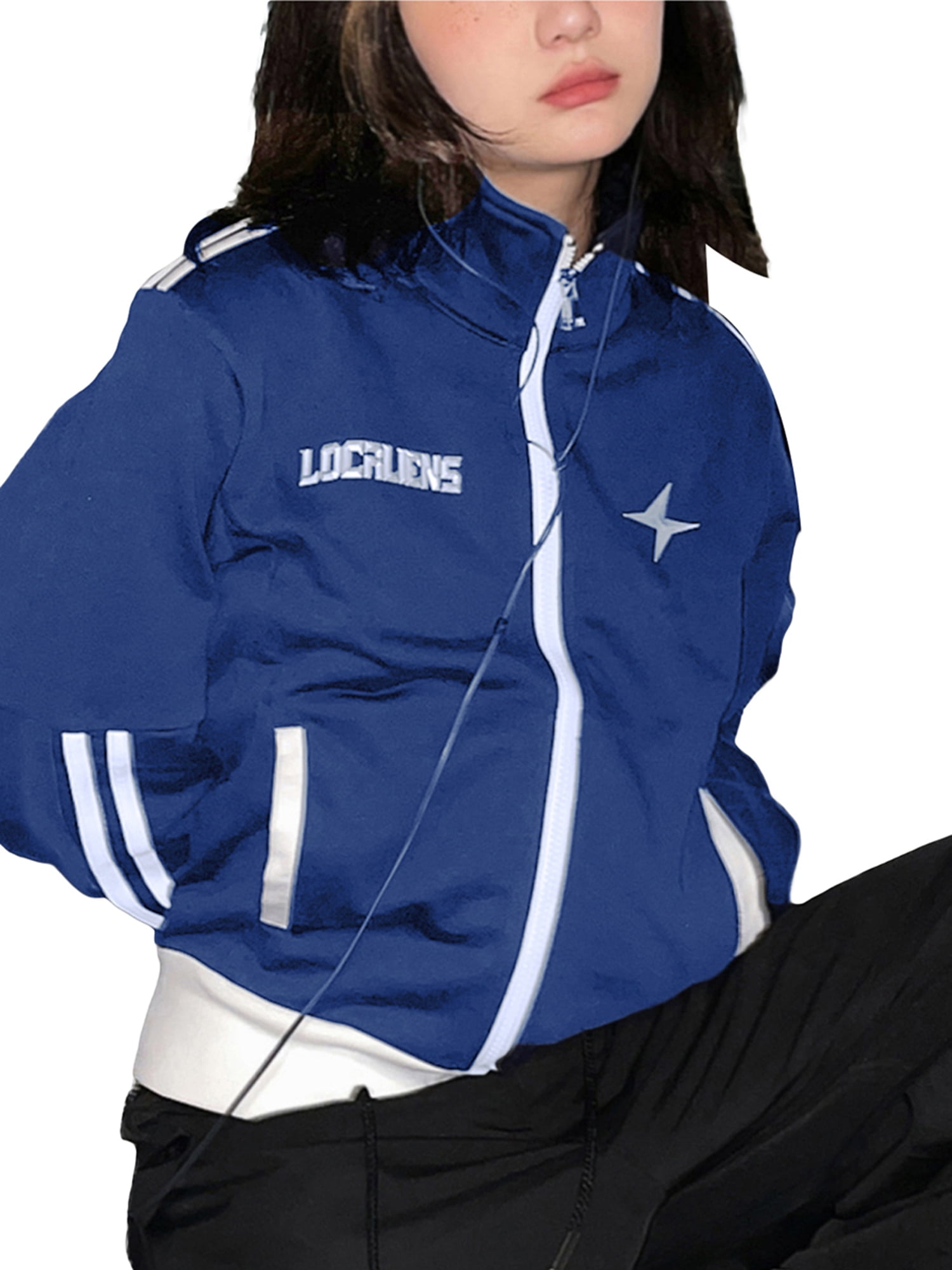 Sunisery Women Zip Up Short Jackets Stand Collar Tracksuit Long Sleeve  Racing Jacket Sweatshirt Tops Streetwear Navy Blue M