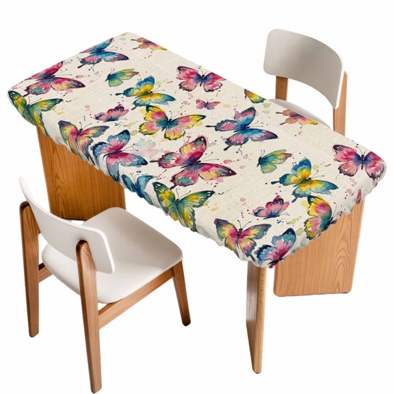 Colorful Butterfly Table Cloths for 4 Foot Rectangle Tables, Elegant Pastoral Butterflies Rustic Watercolor Patio Waterproof Elastic Fitted Tablecloths, Washable Rectangular Table Cover for Camping