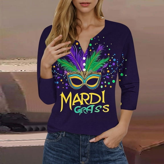 CYiJun Mardi Gras Shirts,Festival Crewneck Top 3/4 Sleeve,Vibrant Mardi Gras Print with Confetti & Feather Design