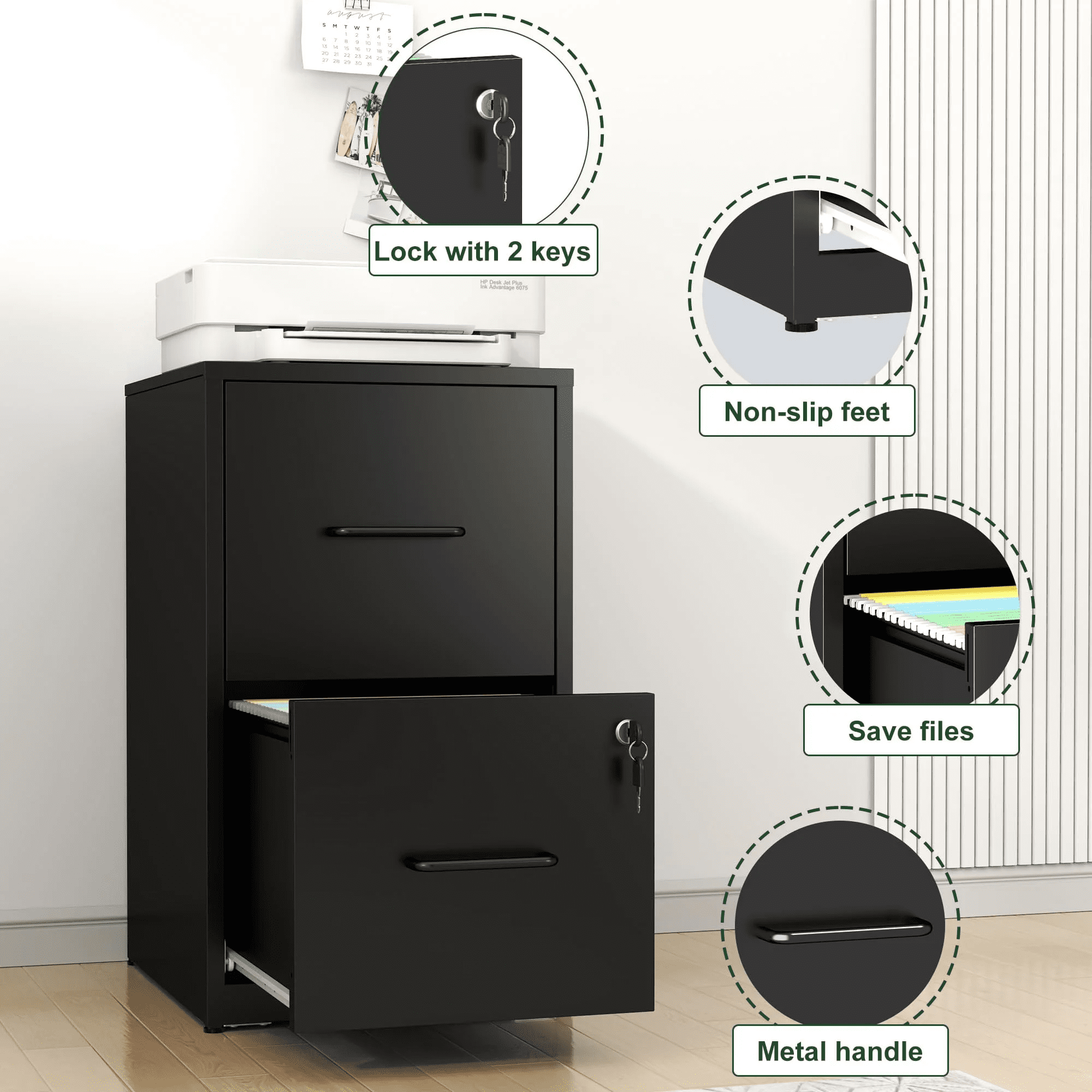 IKIMI 2 Drawer Vertical File Cabinet with Lock, 25.6" H Metal Office Storage Cabinet for A4/Letter/Legal Size, Black