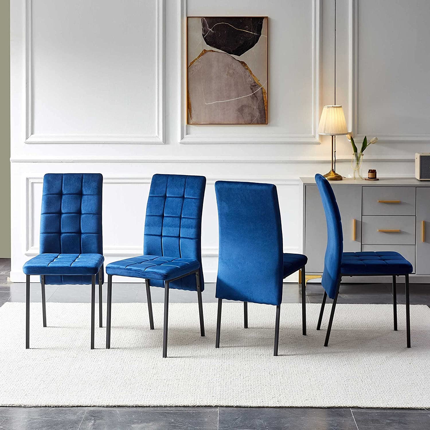 Navy Blue Velvet High Back Side Chairs with Black Metal Legs, Set of 4