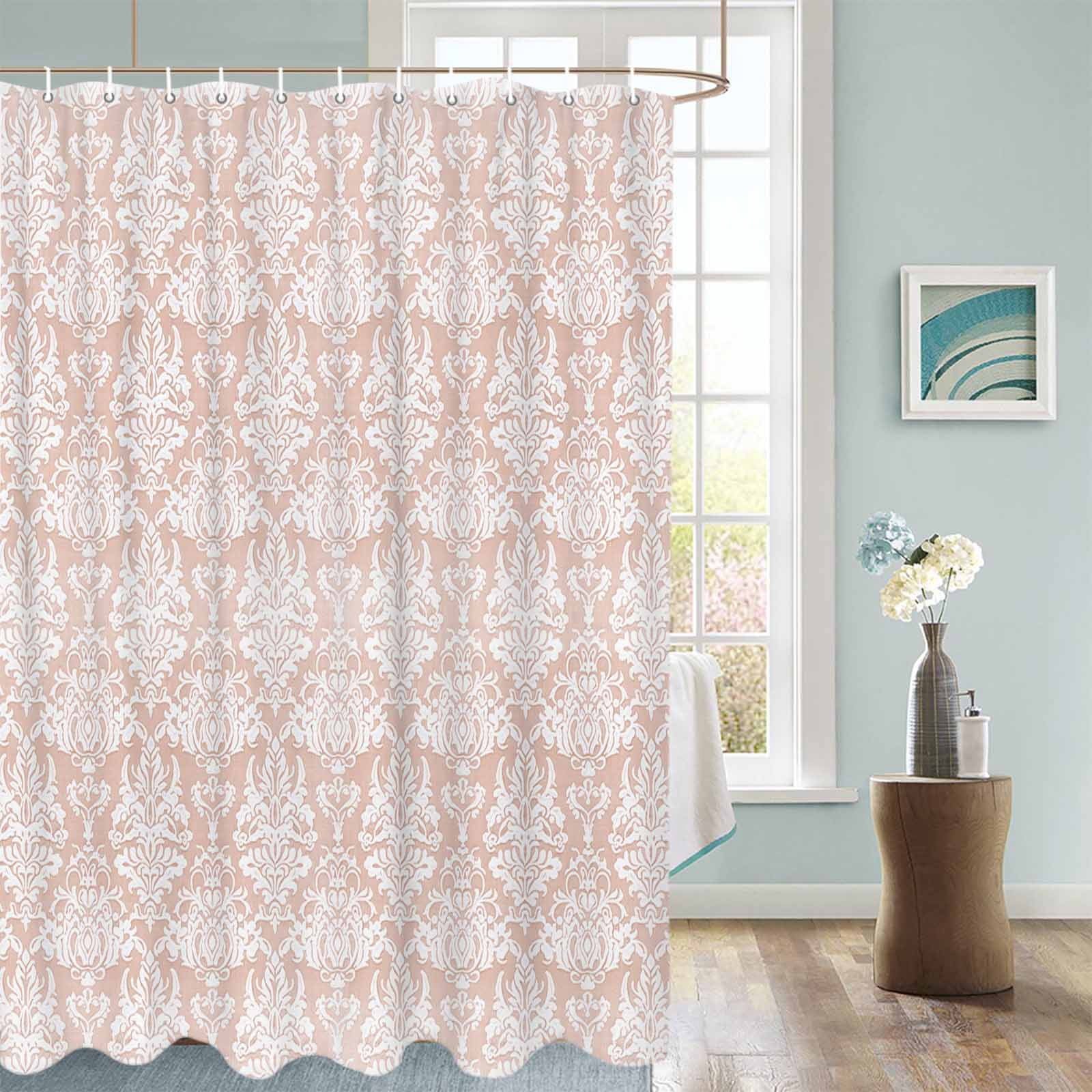 Fabric Shower Curtain, Vintage Floral Peach Floral Pattern Middle Eastern Style Shower Curtains with 12 Hooks Waterproof Machine Washable Bath Curtains for Bathroom, 54 x 78in