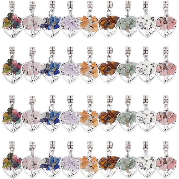 36Pcs Tree of Life Charms Colorful Heart Stone Chips Charms Silver Wire Wrapped Pendants for Jewelry Making Necklace Earrings Bracelet DIY Hole: 2mm Silver DIY