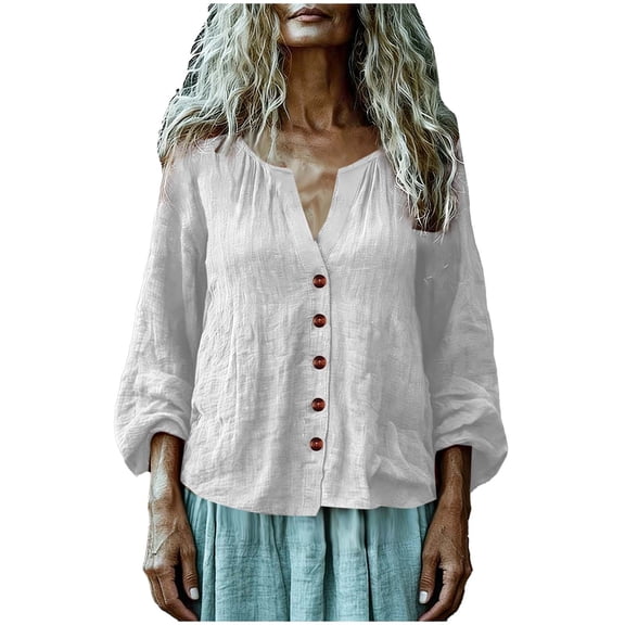 LEKWK Loose Linen Tops for Women Puff Sleeve V-Neck Button Down Shirt Boho Tops Tunic Tops Solid Pleated Soft Fall Beach Outfits