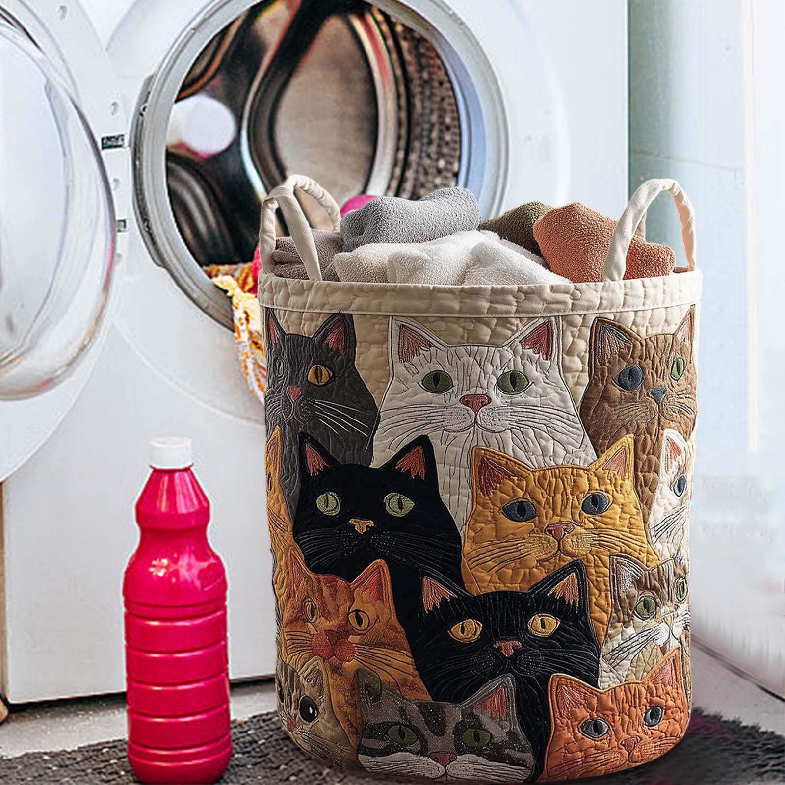 VAIFTILNO Embroidered Cute Cat Laundry Basket, 20x28in Soft Quilted Fabric Storage Bucket, Collapsible Foldable Hamper with Sturdy Handles, for Bedroom, Bathroom, Bachelor