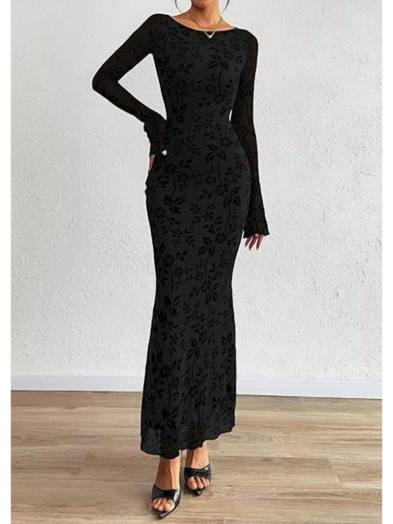 Prettygarden Women's Floral Bodycon Maxi Dress Fall Elegant Mesh Long Sleeve Formal Wedding Guest Cocktail Dresses, Size: XL, Black