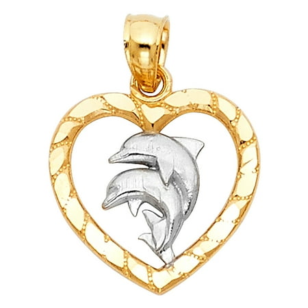 Gold Dolphin Heart - 14K Two Tone Gold Heart with Dolphin Pendant
