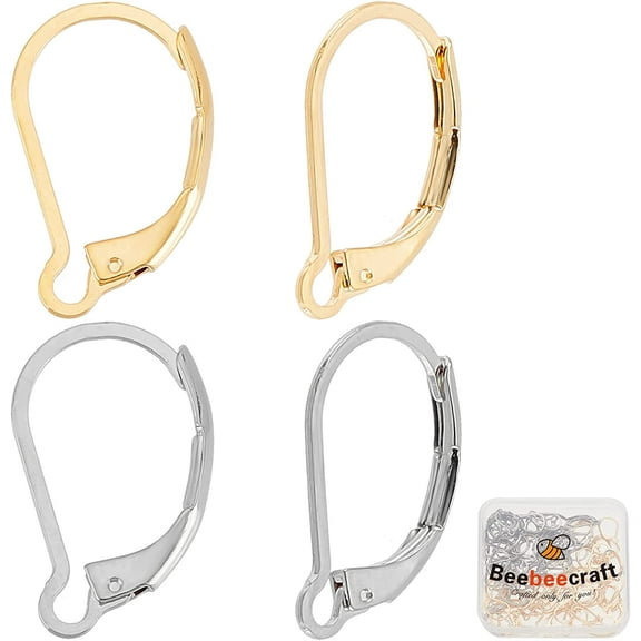 100Pcs Real 24K Gold Plated Leverback Earwires French Earring Hooks Silver and Gold 16.5x10mm Interchangeable Dangle Ear Wire Findings Stainless Steel for Jewelry Making