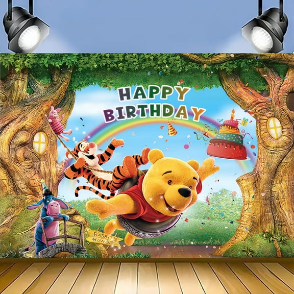 Happy Birthday Anime Winnie the Pooh Theme Backdrops Banner Birthday Party Decor Supplies,5.9x3.6ft