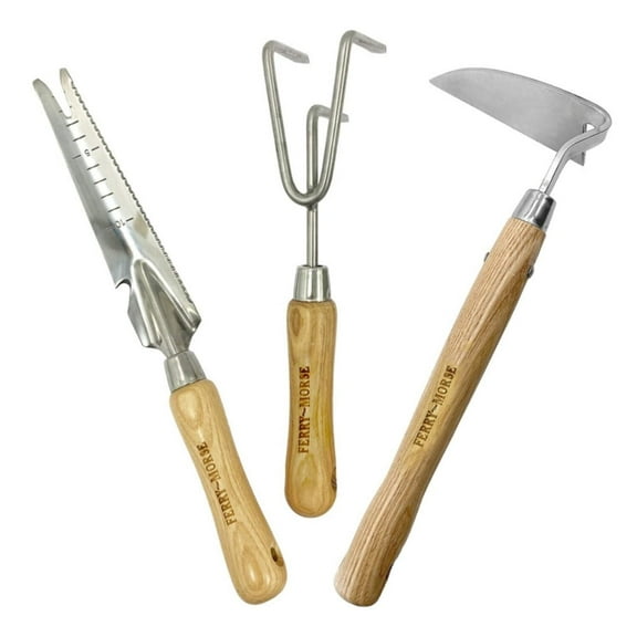 Ferry-Morse Premium Garden Hand Tool Set, 3Pcs, Gardening Tools,Stainless Steel Heavy Duty Hand Cultivator, Hoes, and Weeder with Ash Wood Handle, Gardening Gifts