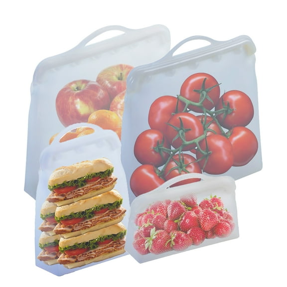 ITPCINC Reusable Silicone Food Storage Bags, 4 Clear Bags Bundle, 1 Gallon Bag, 1 Half Gallon Bag, 1 Sandwich Bag & 1 Snack Bag - Cook, Store, Freeze, Microwave, Eco-friendly, Plastic and BPA Free