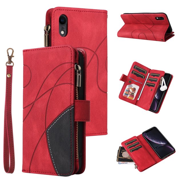 Compatible avec iPhone XR Étui Portefeuille avec Fentes pour Cartes en Cuir PU Fermeture Éclair Folio Rabattable
