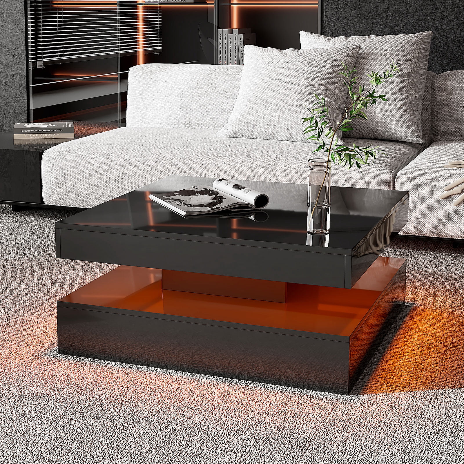 Hironpal Sturdy LED Coffee Table, 2-Tier Square Coffee Table High Gloss Minimalist Design with Plug-in 16-Color LED Light for Home Office Reception Room, Black