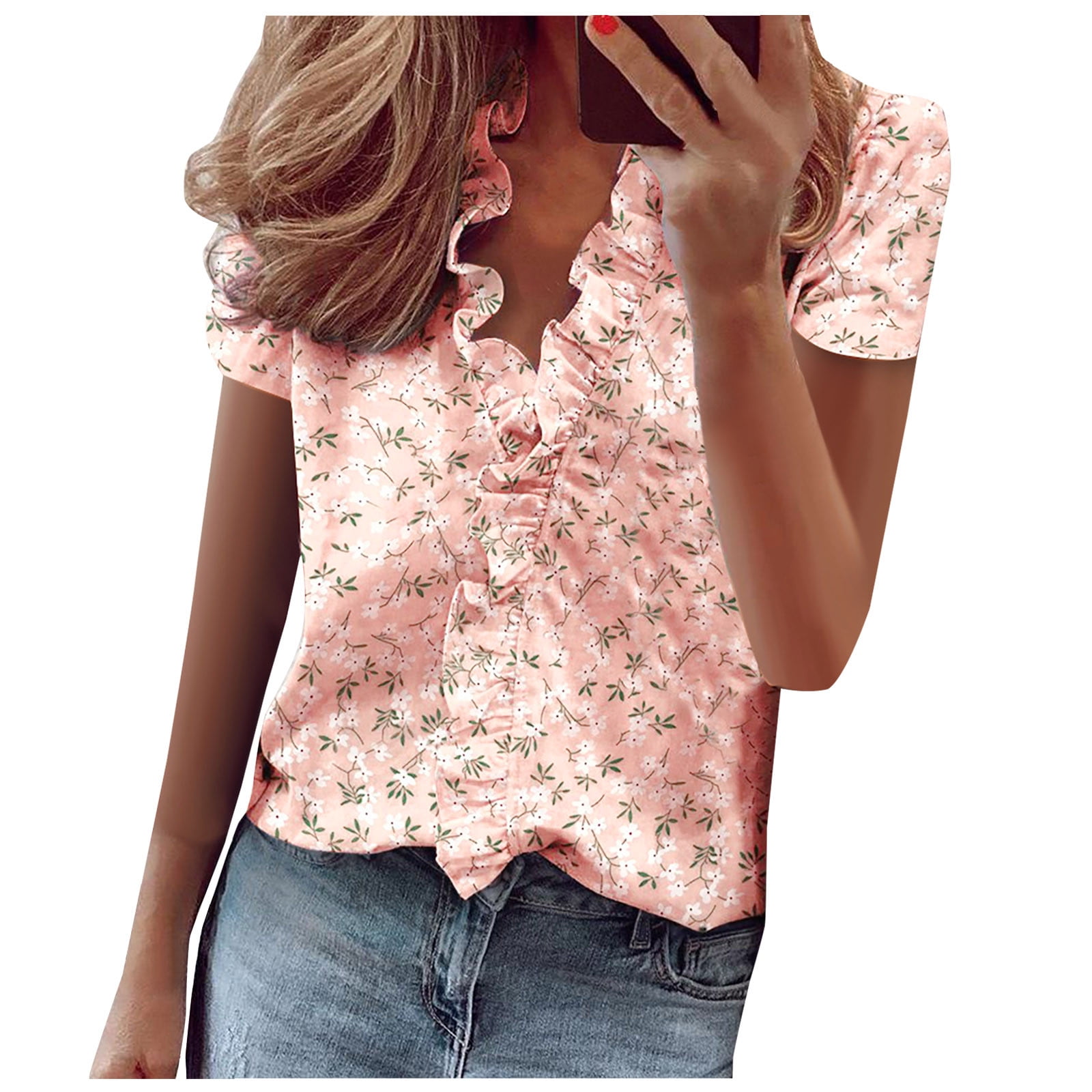 Summer Women's Tops 2023 New Floral Print Ruffle VNeck Short Sleeve Shirts Women's Casual Slim