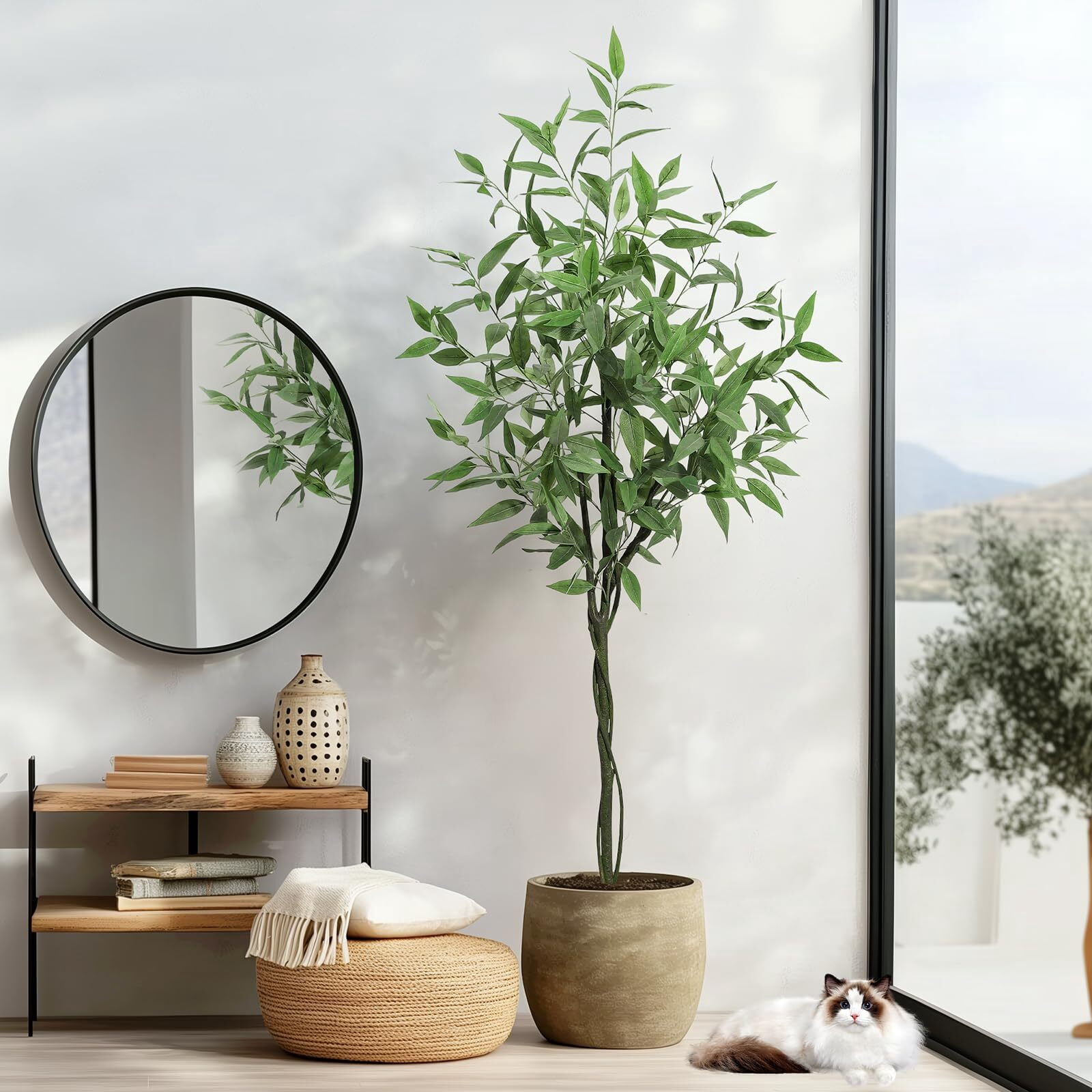 Artificial Tree Plant Eucalyptus Tree 6 FT Tall, Modern Large Fake Plant Decor in Pot for Indoor Outdoor,Home Office Ideal Housewares Gift Decoration, Eucalyptus Tree