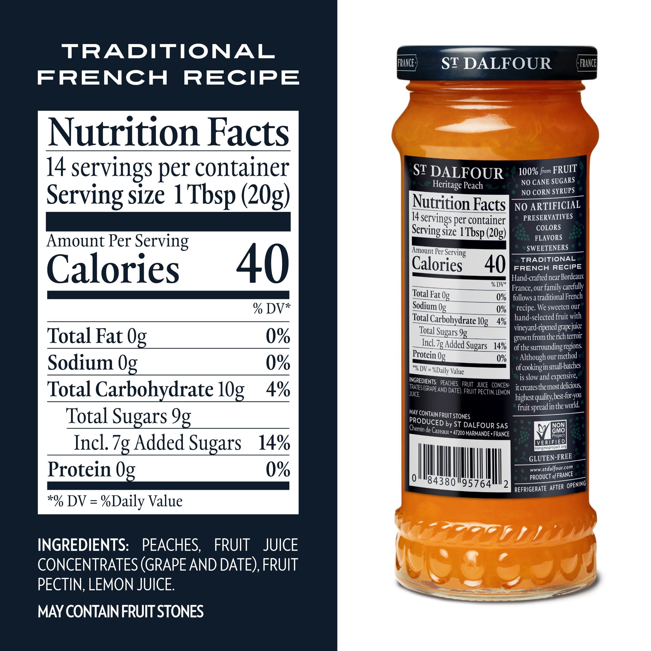 (2 pack) St Dalfour Heritage Peach Fruit Spread, 100% from Fruit, Vegan & Gluten Free, 10 oz Jar