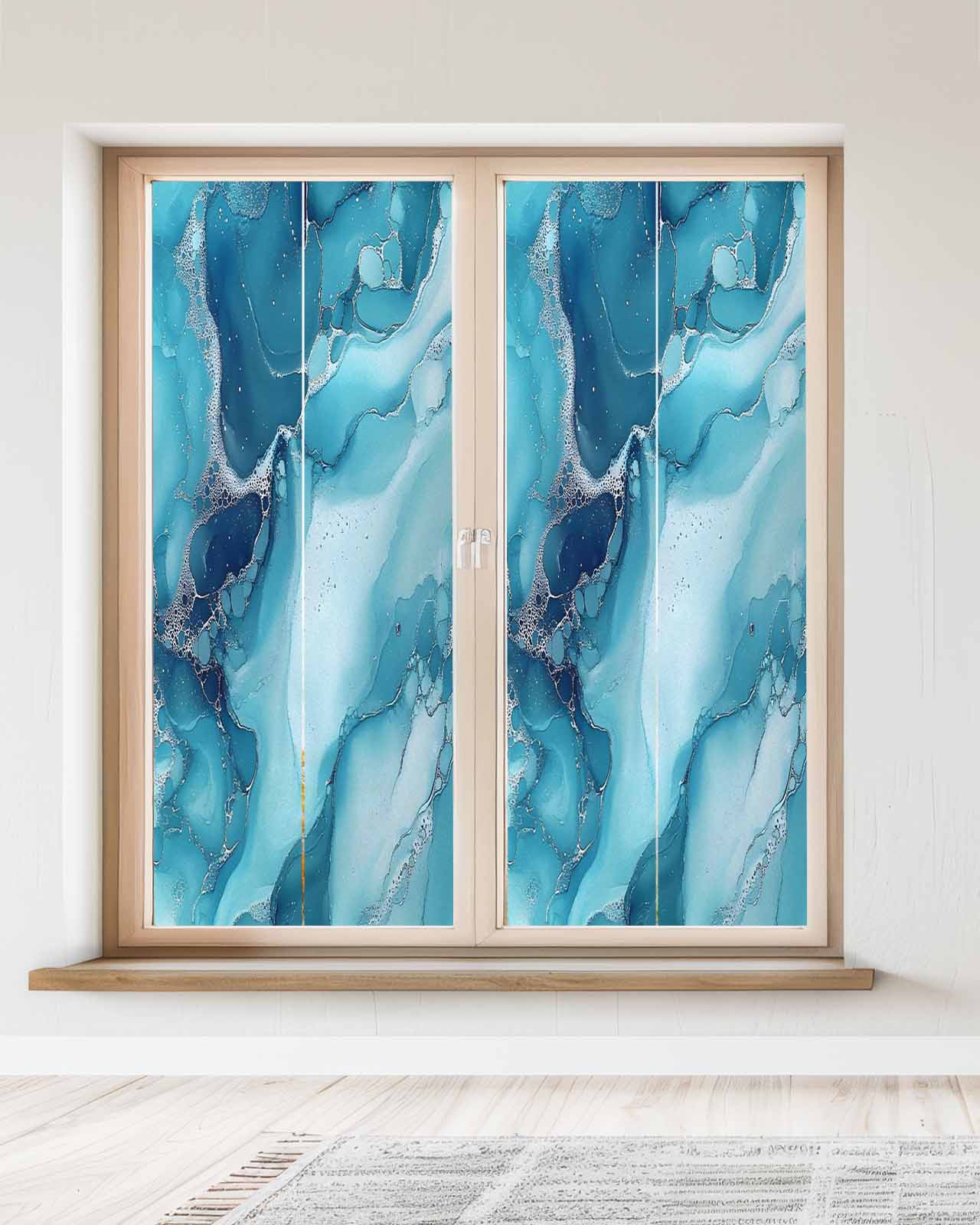Window Privacy Film Blue Teal Marble Stained Glass Window Film Decorative Sun Block Window Cover Aesthetics Modernism Abstract Window Clings Static Adhesive Sticker for Bathroom 23.6"x59"