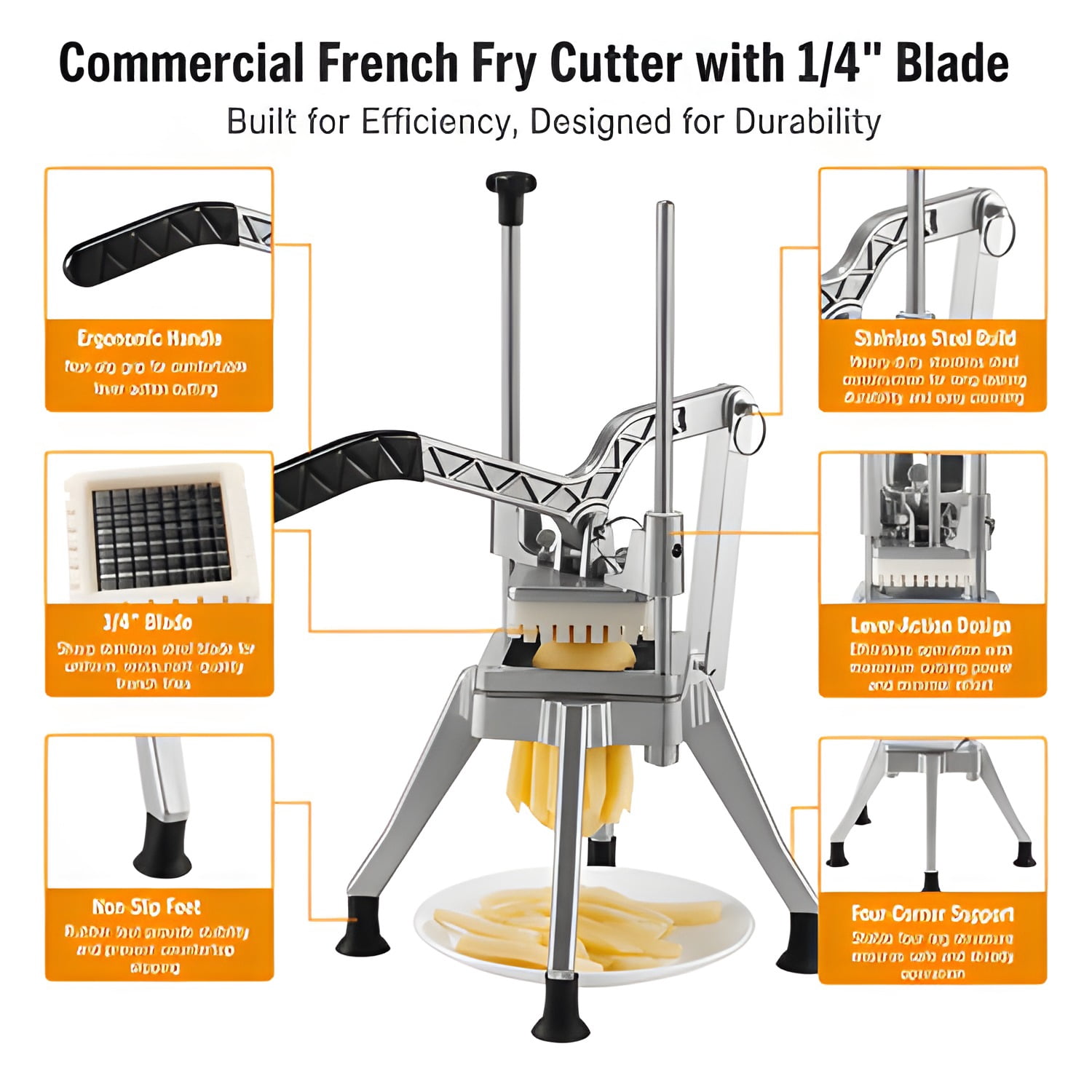 Commercial French Fry Cutter with 1/4" Blade, Lever-Action Vegetable Dicer, Stainless Steel, Four-Corner Support for Kitchen Restaurant