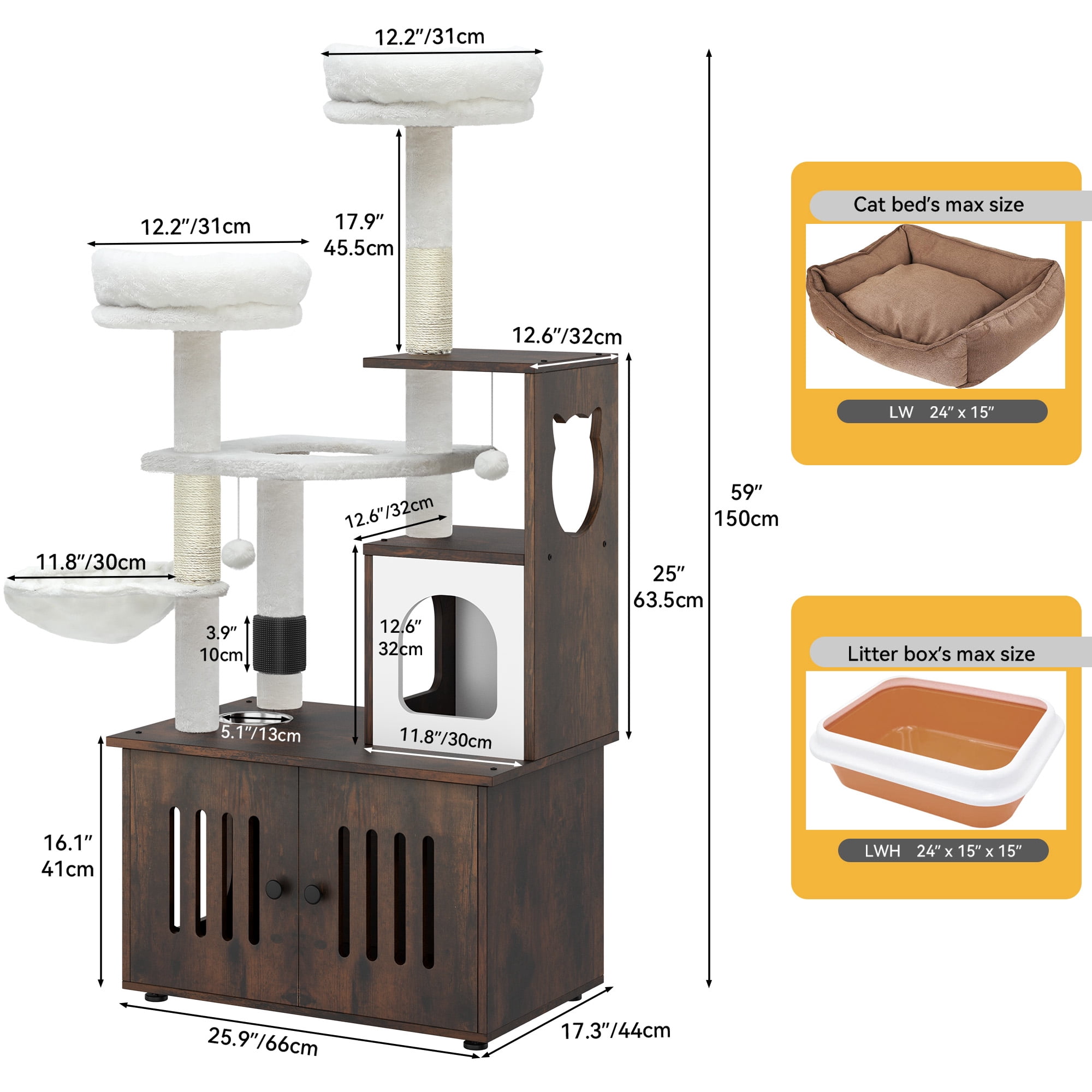 Dextrus 2-in-1 Cat Furniture Condo, 59" Cat Tree Multi-Functional Cat Tower with Litter Box Enclosure, Wood House, Scratching Post, Feeding Station, Hammocks & Brush - Rustic Brown