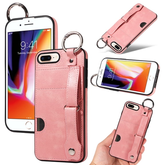 for iPhone 7 Plus/8 Plus Wallet Case with Card Holder, Hand Wrist Strap Loop Holder Kickstand, Finger Grip Ring PU Leather Double Buttons Shockproof Soft TPU Cover for iPhone 7 Plus/8 Plus, Pink