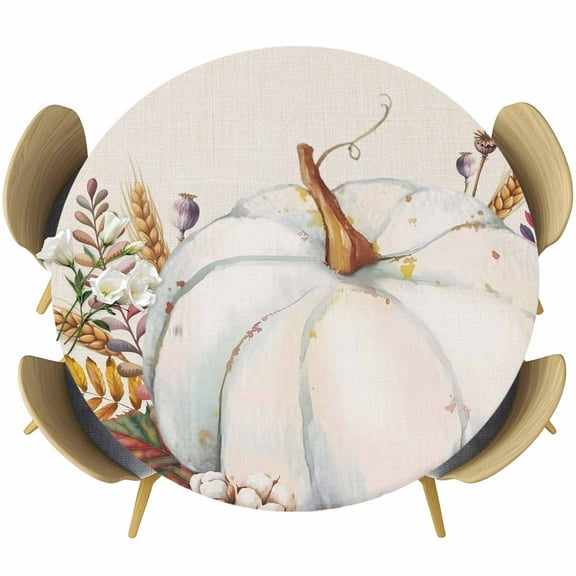 Grey Pumpkins Fall Fitted Tablecloth with Elastic Edged, Round Table Cloth for Dining Table, Botanical Thanksgiving Maple Leaf Rustic Waterproof Oil Proof Table Cover for Indoor Outdoor 36"-44"