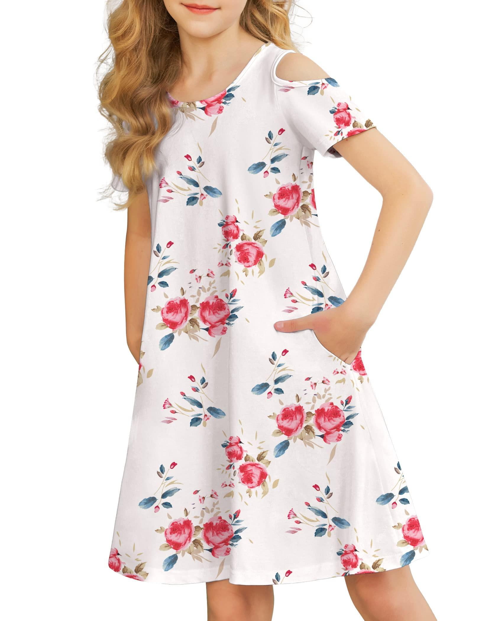 Arshiner Girl's Swing Dress Summer Solid Off Shoulder Short Sleeve with  Pockets 