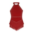 thumbnail image 4 of Miutii Womens Tassel Leotard Halter Neck Sleeveless Fringe Bodysuit Rhinestone Latin Jazz Costume Burgundy L, 4 of 9