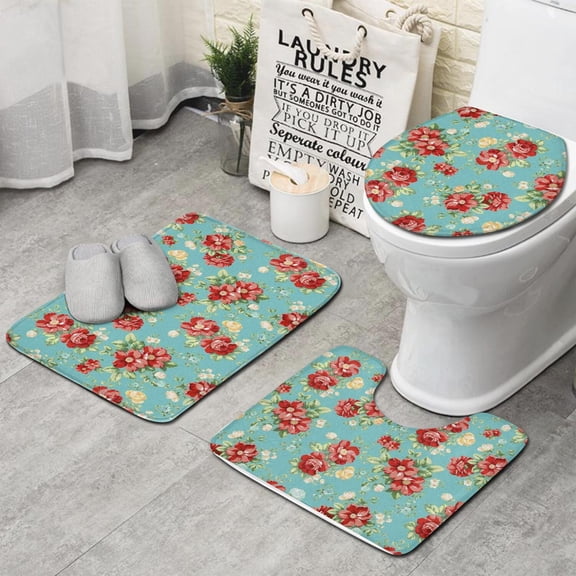 Pioneer Flower Floral Print Pattern Bathroom Rugs Sets 3 Piece,Toilet Cover Set,Absorbent Non Slip Bathroom Mats Sets with U-Shaped Contour Rug Toilet Rug Set