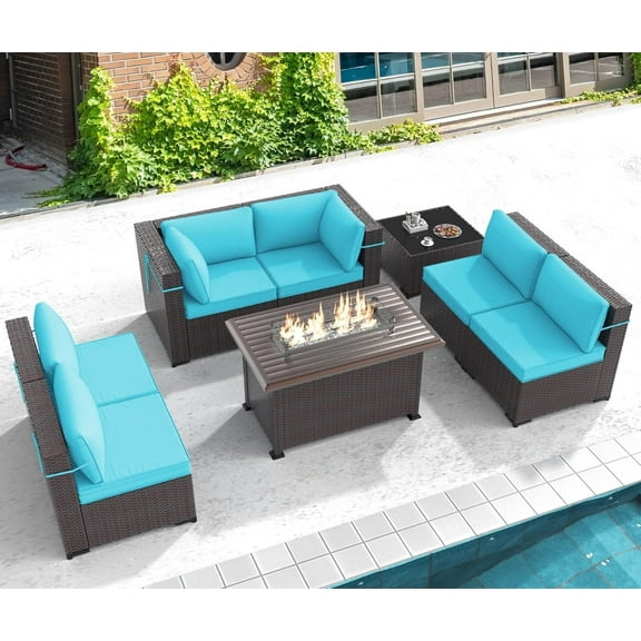 ASJMR 8 Pieces Outdoor Patio Furniture Set with Fire Pit Table,Outside PE Rattan Wicker Sectional Sofa Conversation Sets with Green Cushions