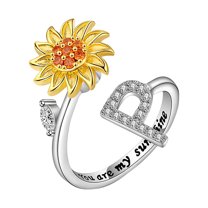 Guodhu Fidget Ring for Anxiety Women- Sunflower Initial Letter Ring, Spinner Ring with CZ & Daisy Design , Adjustable Open Ring - Stressed Reliever Jewelry Gift for Women Birthday Mothers Day