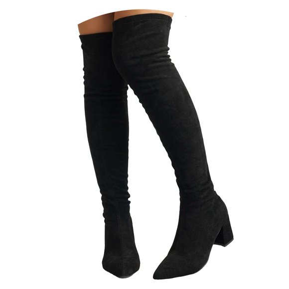 Pandaie Women's Over The Knee High Boots Suede Thigh High Boot Pointed Toe Stretch Chunky Heel Winter Dress Shoes Black 7.5