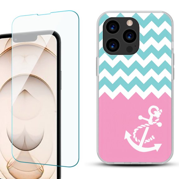 Slim-Fit Anti-Scratch Gel TPU Phone Case for iPhone 13 Pro, with Tempered Glass Screen Protector, by OneToughShield ® - Chevron/Anchor