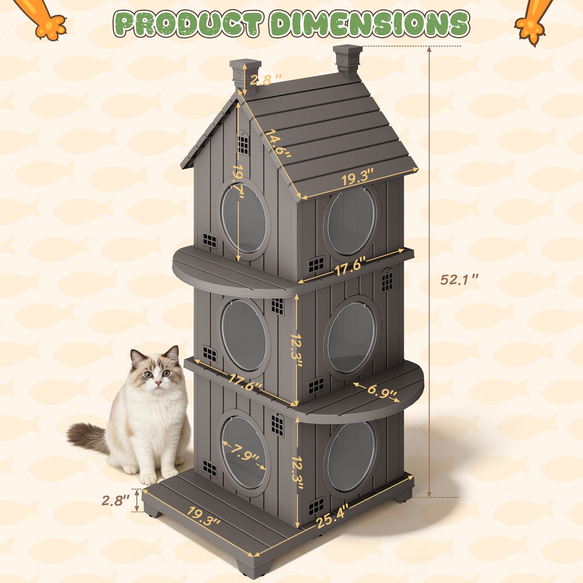 Bifanuo Outdoor Cat House,Weatherproof Resin Cat House,Multi-Layer,Villa-Style Outdoor Cat Shelter,Assemble Easily for Home & Yard,Gray