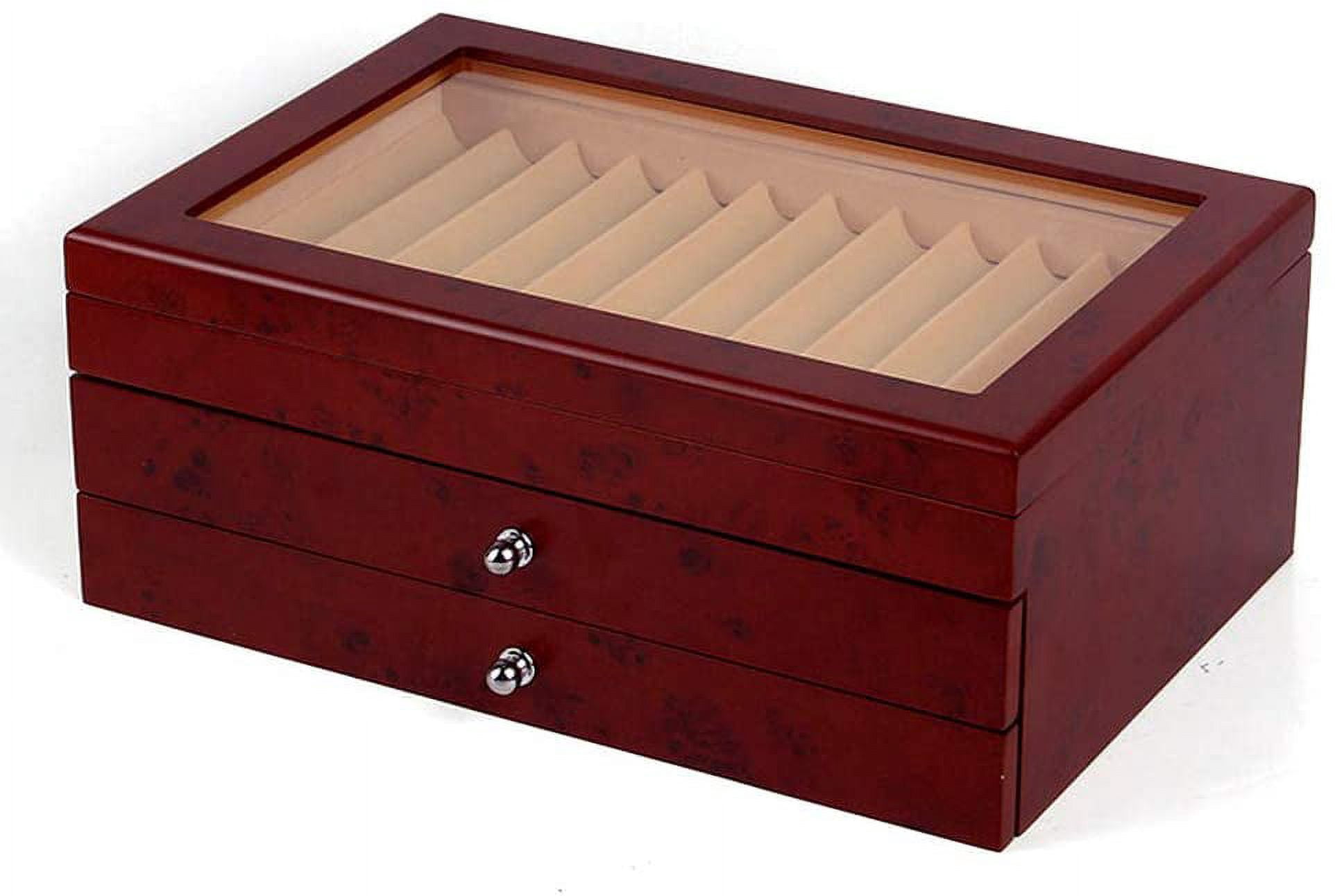 ANQIDI Pen Box 3 Layers High-grade 34 Slots Sandalwood Wood Fountain Pen Storage Collector Box with Glass Lid and Drawer (​Red)