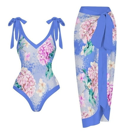 nerohusy Bathing Suit with Matching Cover Up 2024 One Piece Bathing Suit for Women with Beach Cover up Wrap Skirt Two Piece Swimsuit Sarong Retro Floral Print Bikini Set S