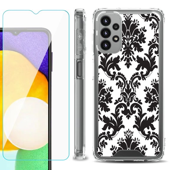 Shockproof Bumper Phone Case for Samsung Galaxy A23 5G, with Tempered Glass Screen Protector, by OneToughShield ® - Victorian White/Black