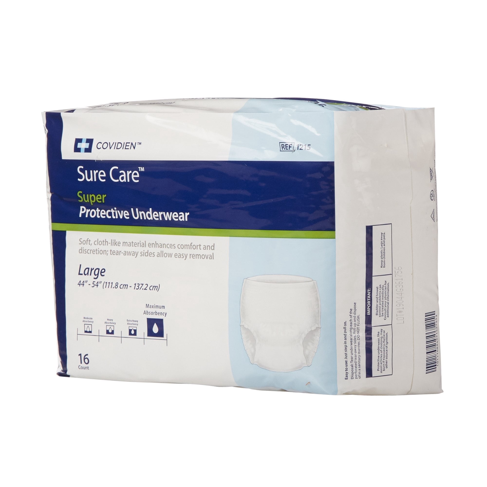 Sure Care Pull On Tear Away Seams Incontinence Protective Underwear 16 Pack, Large, Heavy Absorbency