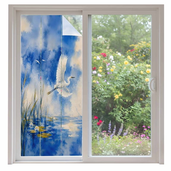 White Flying Egrets Window Privacy Film Minimalist Heron Bird Blue Sky Lake Modern Farm Decorative Glass Window Film UV Blocking Static Cling Sticker Covering for Home Door 35.4x78.7 inches