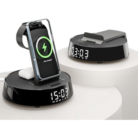 Alarm Clock with Wireless Charging Station, Clock for Bedroom with Dimmable Night Light Bluetooth Speaker, Wireless Charger Dock Station for iPhone 17 16 15 14 13 12 Pro Max, Apple Watch, AirPods Pro