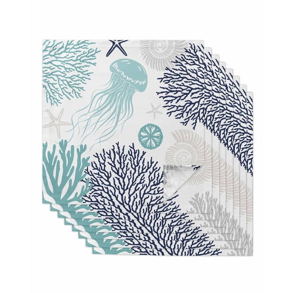 nqOlkjepod Teal Navy Blue Coastal Cloth Napkins Set of 8 Reusable Dinner Napkins, Coral Jellyfish Nautical Cocktail Napkin Washable Table Napkins for Wedding/Holiday Party/Baby Shower 20"x20"