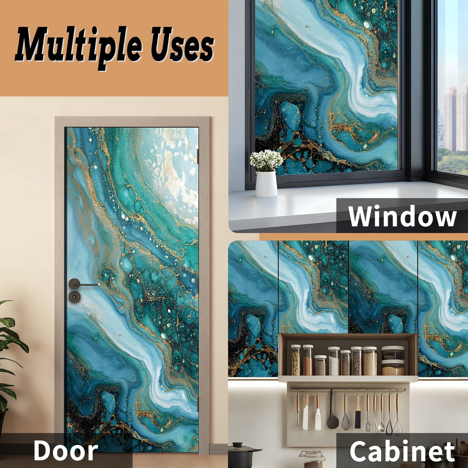 Self Adhesive Vinyl Refrigerator Wrap Set Navy blue White Streaks Ocean Waves spilled Water Ink Door Mural Removable Fridge Sticker Peel and Stick&nbsp;Full Door Cover Decal Kitchen Bar Decor