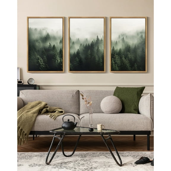 SHENIFY Green Fog Pine Tree Forest Canvas Wall Art Large Modern Artwork Prints Decor - 24x36in3pcs Brown Framed