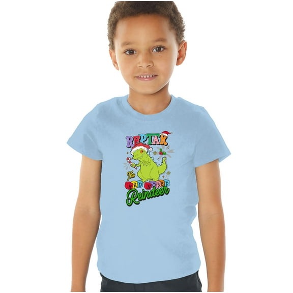 Rugrats Christmas Reptar The Red Nosed Reindeer Kids T Shirt (2) for Toddler Boys and Girls, Light Blue