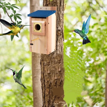 Bird Houses for Outside with Copper Guard,Thicken Wooden Blue Bird House Garden Country Cottages, Nesting Box for Finch Swallow Wren Chickadee Wild Bird Supplies, Easy to Assemble