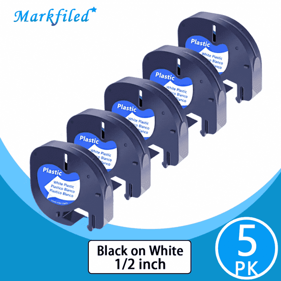 Markfiled 5PK Compatible for DYMO LetraTag Refills 91331 1/2" x 13' (12mm x 4m) Black on White Plastic Label Maker Tape