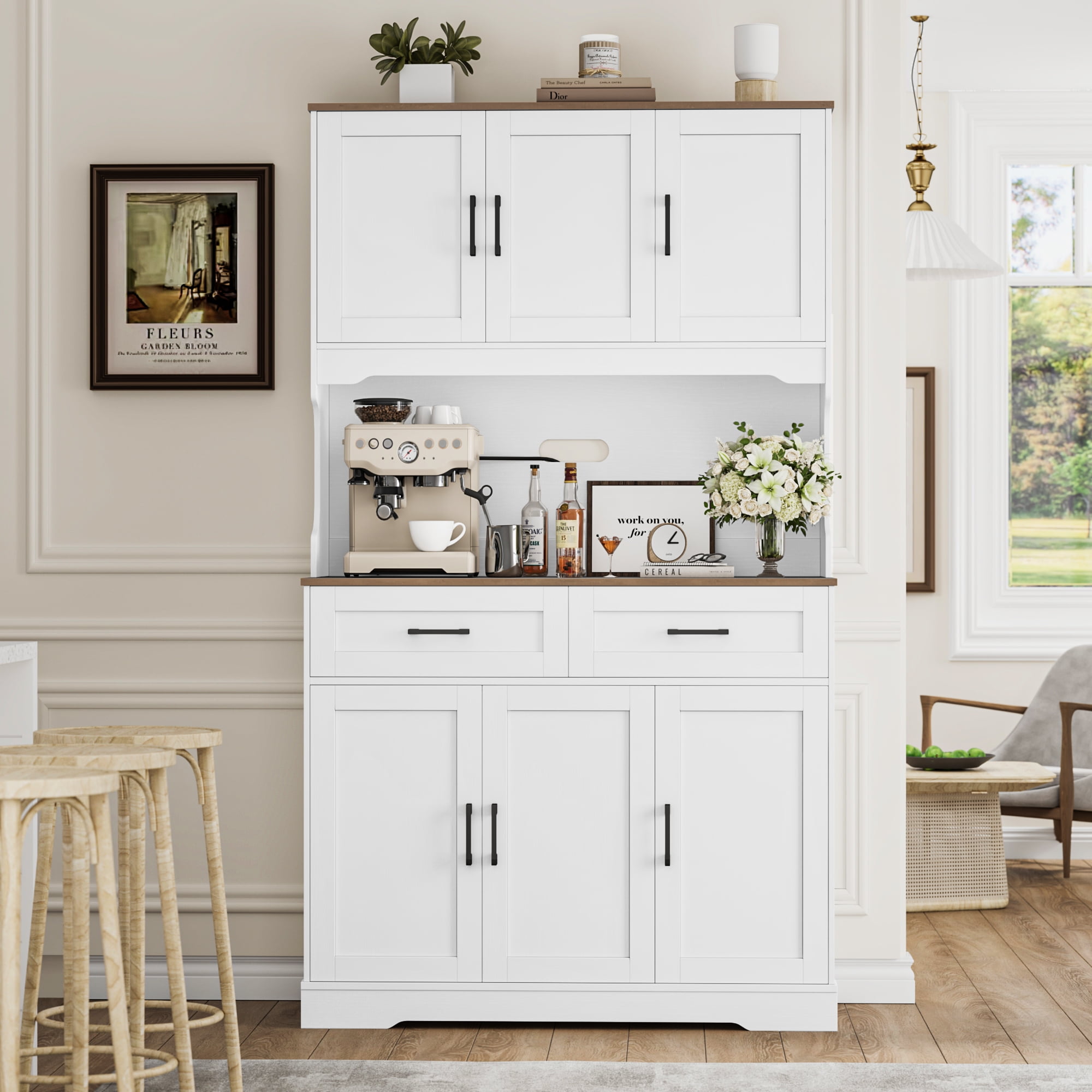 Homfa 74"H Pantry Cabinet with Hutch, Tall Kitchen Storage Cabinet with Microwave Stand and Drawers for Living Room, Dining Room, White