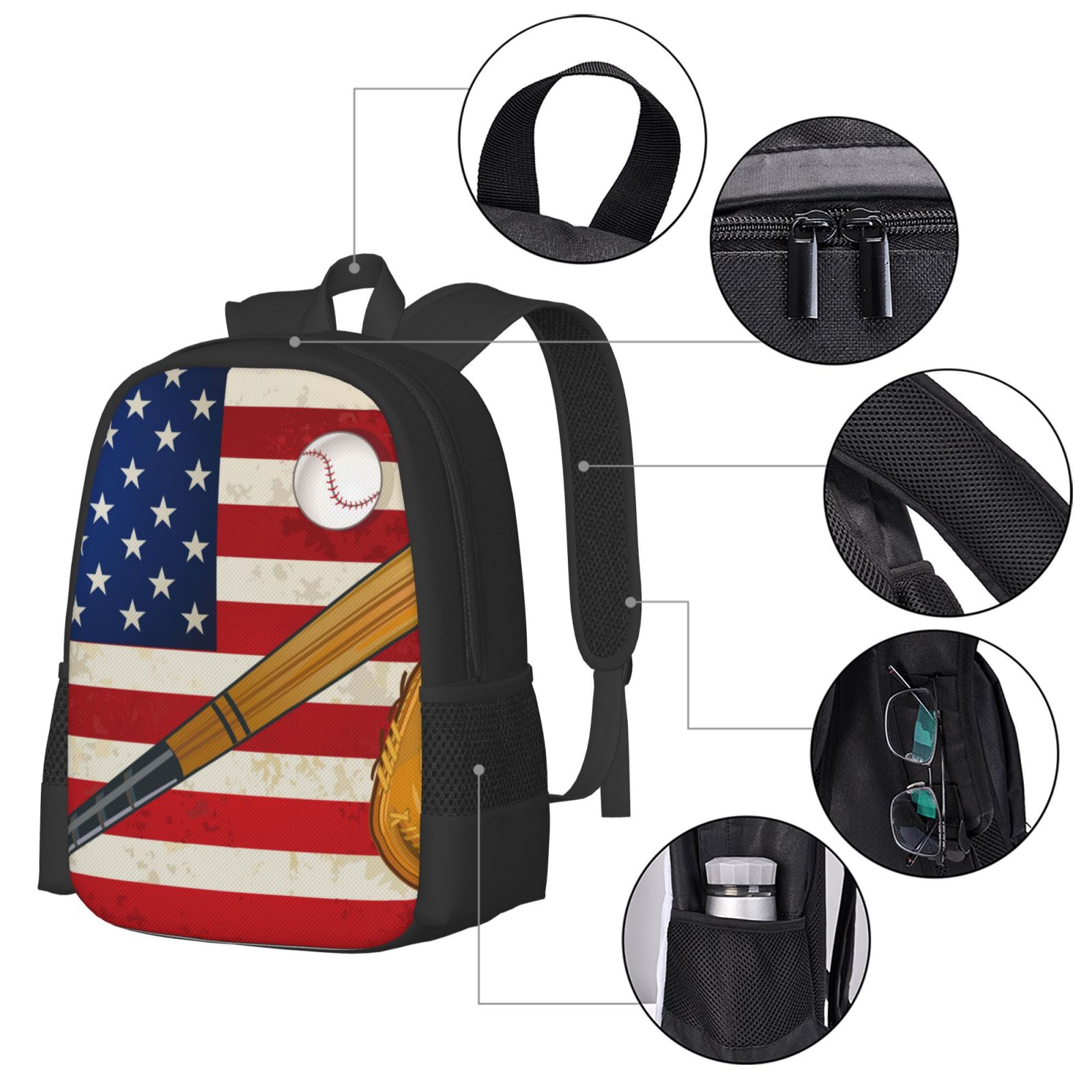 Ratiio American Flag And Baseball Backpack for Men and Women - Durable 600D Oxford Cloth -Large Capacity, Water-Resistant School, Travel, and Hiking Bag