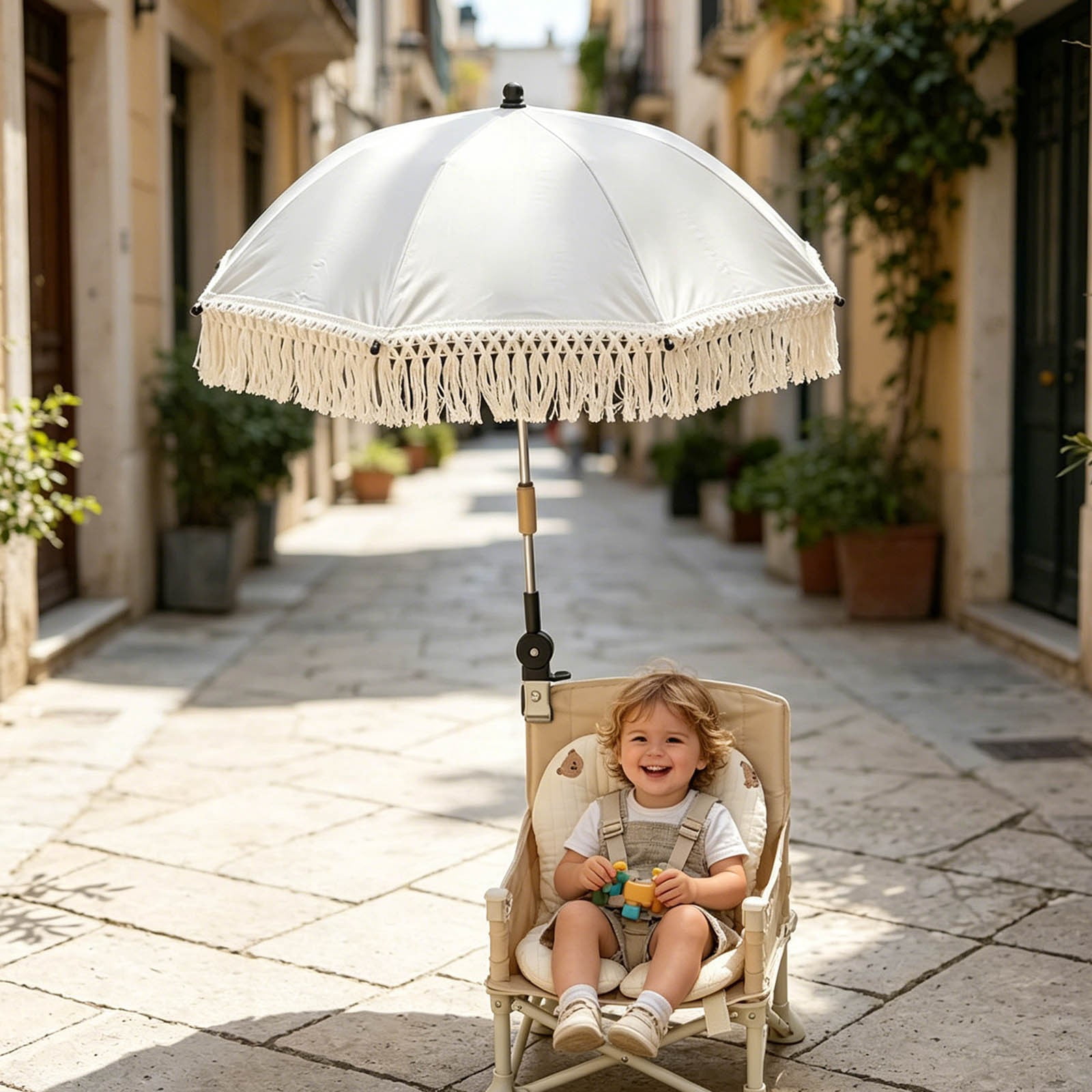 YANDE-30.7 Inch Clip-On Chair Umbrella, 1pc Adjustable Patio Sun Shade with Fringe, UV Protection Parasol for Stroller, Beach Chair, Outdoor Activities (A)