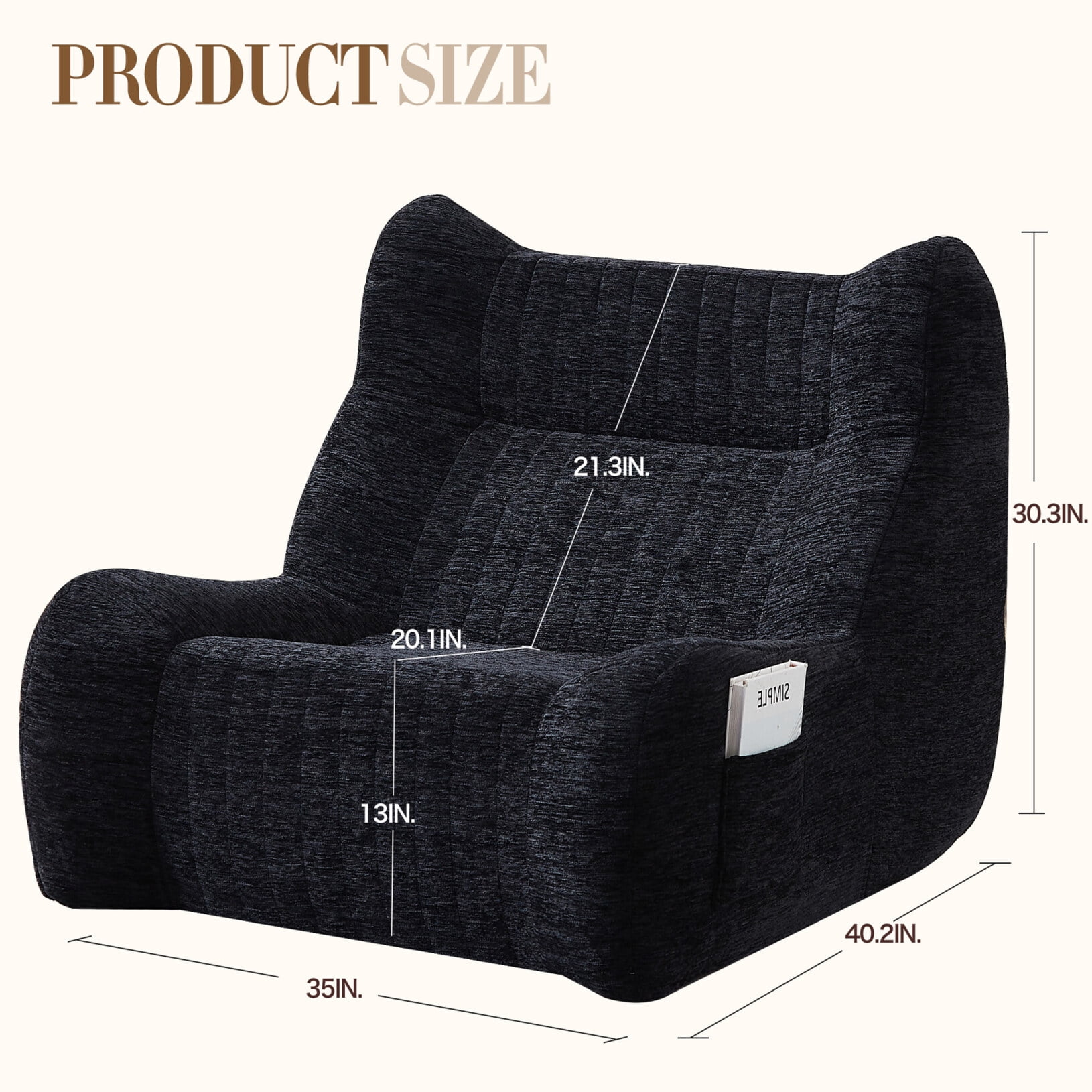 Giant Bean Bag Chairs for Adults, Chenille Lazy Floor Sofa with 21-inch High Backrests and Side Pocket, Cozy Accent Lounge Chair for Living Room, Black